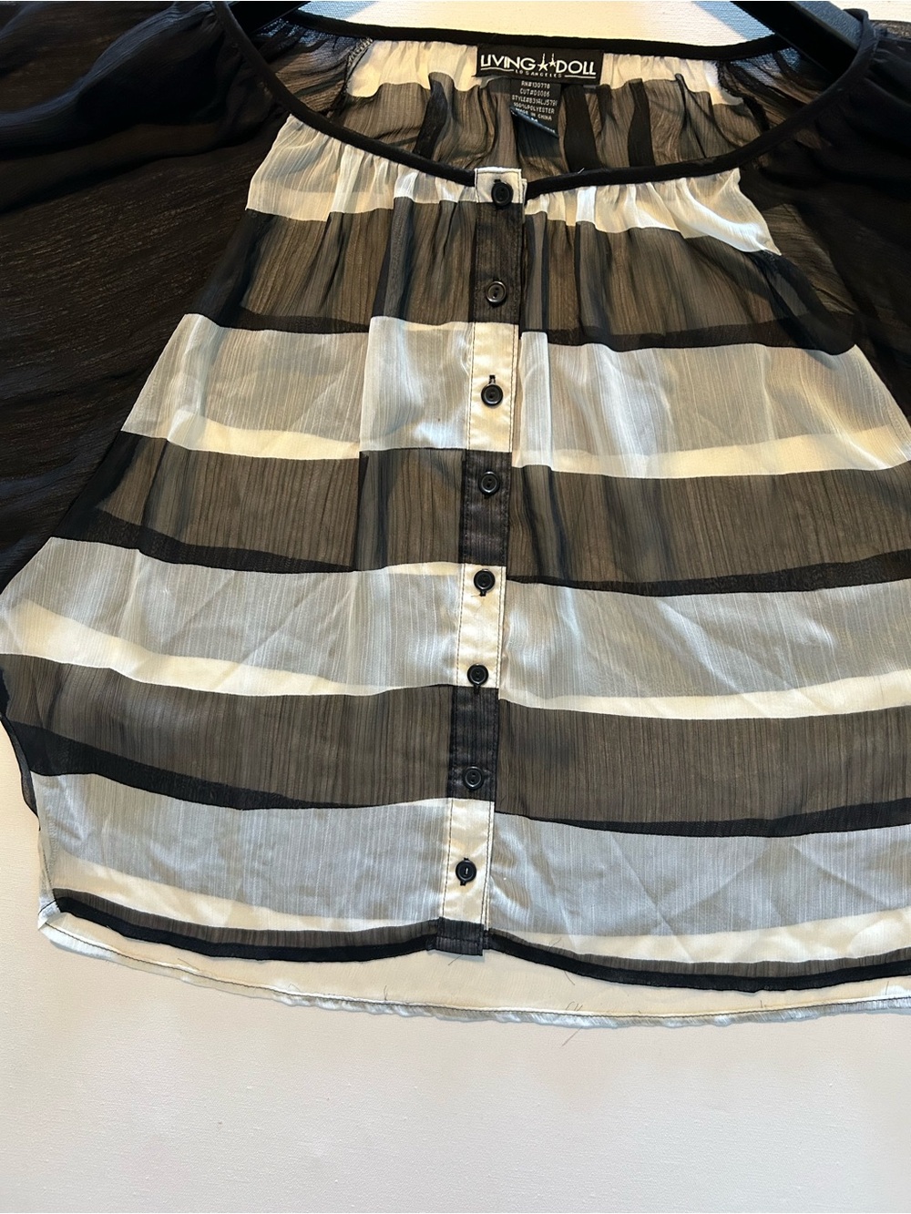 living doll Navy and White Sheer Striped Button-Front Top
